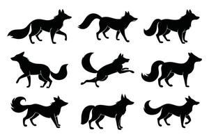 Fox jump stand walk and other pose black silhouette flat illustration vector