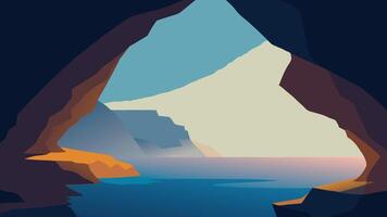 Sea cave carved into a rocky cliff, showcasing the interplay of light and water within the cave flat illustration vector