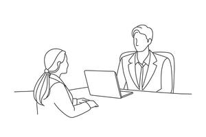 Woman applicant or candidate during job interview by recruiter One line continuous line art illustration on white background vector