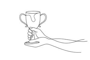 hand with victory cup One line continuous line art illustration on white background. vector