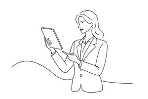 businesswoman analyzing data on his tablet pc and holding up her index finger One line continuous line art illustration on white background vector