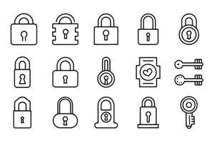 Lock and key concept related 15 pcs icons set isolated on white background flat illustration. vector