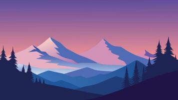 Snow covered trees stand majestically in the mountains beneath a serene pink sky at dusk flat illustration. vector