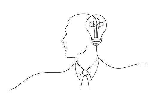 Business man with lightbulb in the open heads One line continuous line art illustration on white background vector
