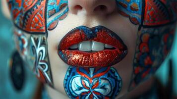 Close-up of a face with bold, complex makeup and shimmering metallic red lips. Lips with blue and red geometric patterns. photo
