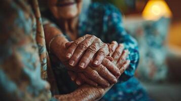 Close-up of seniors holding hands, symbolizing care, support, and affection in a cozy setting. Concept of support and human connection. photo