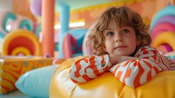 A young child with curly hair and a thoughtful expression relaxes on a bright, soft surface in a vibrant play area filled with colorful, abstract shapes. photo