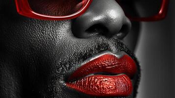 High contrast close-up of a man with glossy red lips and red sunglasses on dark skin, creating a bright and bold visual. photo