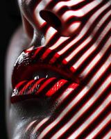 Close-up of shiny red lips in dramatic lighting casting striped shadows on face and makeup. Optical illusion on the face of a woman with bold red lips photo