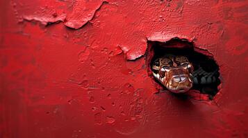 Snake peeking out of a hole in a red textured wall.copy space .symbol of the year photo