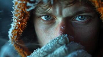 Close-up of a man with icy blue eyes, dressed in winter clothes, with frost on his face emphasizing the extreme cold photo