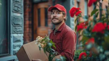 A delivery worker in a red cap and shirt is holding a package while standing outside a building. Red flowers in the foreground photo
