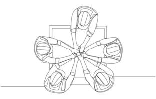 Continuous one line drawing of construction engineering team join hands together from top view, construction business concept, single line art. vector