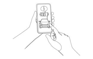 Continuous one line drawing of hand holding smartphone showing electric car charging app, ev car recharging concept, single line art. vector