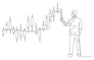 Continuous one line drawing of businessman looking at candlestick graph, investing in stock market, investor and speculation concept, single line art. vector