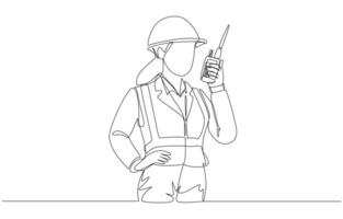 Continuous one line drawing of female engineer using walkie talkie at construction work, remote communication in construction project concept, single line art. vector