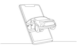 Continuous one line drawing of car coming out of smartphone screen, application for calling taxi car, car rental app concept, single line art. vector