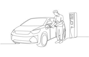 Continuous one line drawing of man charging electric car at public charging station, environmentally friendly lifestyle with electric vehicle concept, single line art. vector
