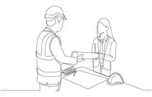 Continuous one line drawing of foreman builder receiving construction blueprint from female engineer, civil engineer and construction work concept, single line art. vector