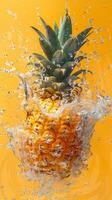 Pineapple in a splash of water, on a yellow background photo