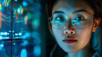 Close-up portrait of woman in glasses with computer screen reflection with graphs and tables photo