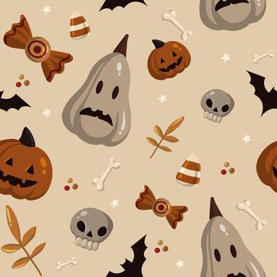 Halloween seamless pumpkins, bats and skulls pattern, hand drawn cute kids background