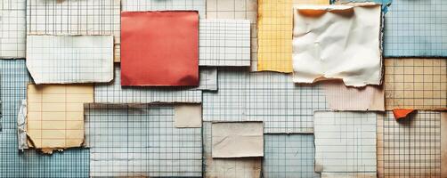 A vibrant collage of torn and layered grid papers in various colors and patterns, showcasing an artistic arrangement photo