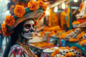 A colorful Dia de los Muertos celebration featuring a woman in traditional sugar skull makeup and a vibrant marigold-adorned sombrero photo
