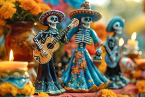 Traditional Dia de los Muertos figurines of skeletons in festive attire, playing instruments, surrounded by candles and marigolds photo