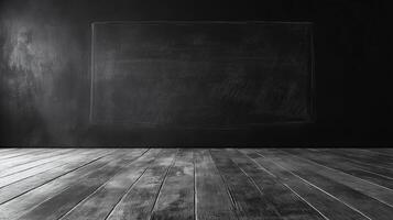 Empty dark room with a blackboard wall and wooden floor, creating a minimalist and moody atmosphere photo