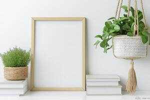 Minimalistic decor with a wooden frame, books, and green plants in woven baskets, creating a fresh and natural look photo