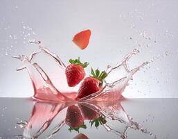 High speed photo of strawberry with splash effect red water for advertising
