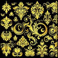 golden floral design elements on black background vector