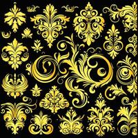 Golden floral design elements on black background vector