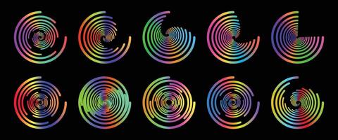 Circular line collection rainbow color style isolated on dark background. vector