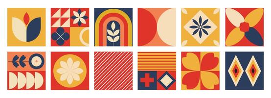 Brutalism stickers and elements. Geometric abstract mural background. Brutalist mosaic, shapes, flowers, rainbow. Bauhaus pattern. Retro vintage tiles and blocks. vector