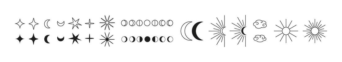 Celestial icons elements set. Moon phases, stars, moon, sun. Bohemian lunar line art. Magic abstract illustrations isolated on white. vector