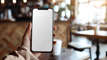 Mockup image blank white screen cell phone hand holding texting using mobile on desk at coffee shop. background empty space for advertise text. photo