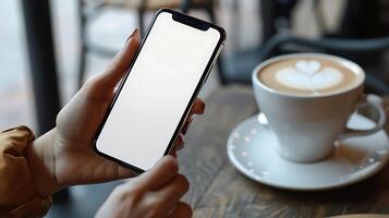 Mockup image blank white screen cell phone hand holding texting using mobile on desk at coffee shop. background empty space for advertise text. photo