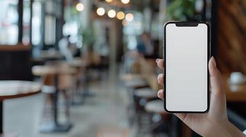 Mockup image blank white screen cell phone hand holding texting using mobile on desk at coffee shop. background empty space for advertise text. photo