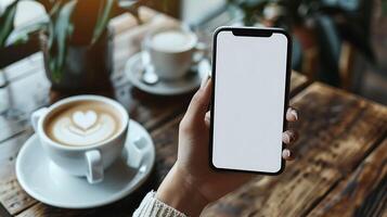 Mockup image blank white screen cell phone hand holding texting using mobile on desk at coffee shop. background empty space for advertise text. photo