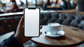 Mockup image blank white screen cell phone hand holding texting using mobile on desk at coffee shop. background empty space for advertise text. photo