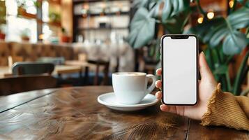 Mockup image blank white screen cell phone hand holding texting using mobile on desk at coffee shop. background empty space for advertise text. photo
