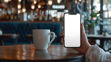 Mockup image blank white screen cell phone hand holding texting using mobile on desk at coffee shop. background empty space for advertise text. photo