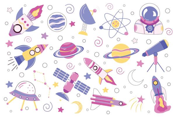 A colorful set of space-themed elements featuring rockets, planets, UFOs, and satellites. Perfect for children's products, educational materials, and creative projects.