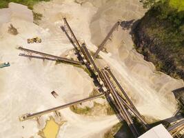 Bird eye view of sand mining conveyor from a height of 200 meters. Mining Industry. Panoramic Landscape. Graphic Resources. Above. Drone Photography. Aerial Landscape Photography Concept photo