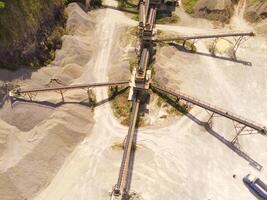 Landscape of truck and conveyor belt in the middle of sand pit. Mining Industry. Panoramic Landscape. Mining material transportation. Sand and stone mining. Drone Photography. Aerial Photography photo