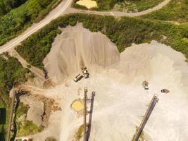Landscape of truck and conveyor belt in the middle of sand pit. Mining Industry. Panoramic Landscape. Mining material transportation. Sand and stone mining. Drone Photography. Aerial Photography photo