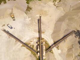 Landscape of truck and conveyor belt in the middle of sand pit. Mining Industry. Panoramic Landscape. Mining material transportation. Sand and stone mining. Drone Photography. Aerial Photography photo