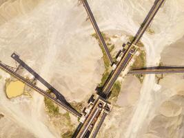 Bird eye view of sand mining conveyor from a height of 200 meters. Mining Industry. Panoramic Landscape. Graphic Resources. Above. Drone Photography. Aerial Landscape Photography Concept photo